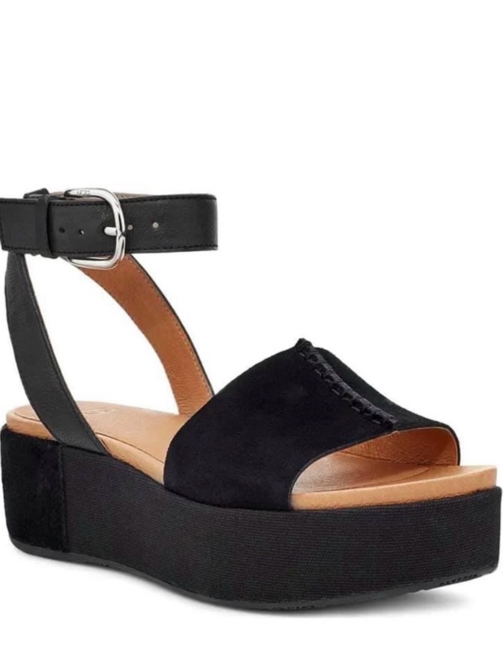 UGG Black Suede Platform Ankle-Strap Sandal